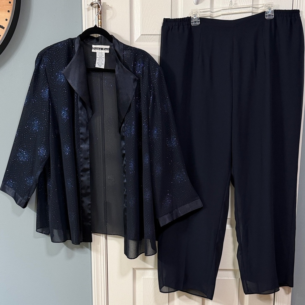Dana Kay Navy Blue Plus Size Women's Pants & Jacket Set Elegant Wear